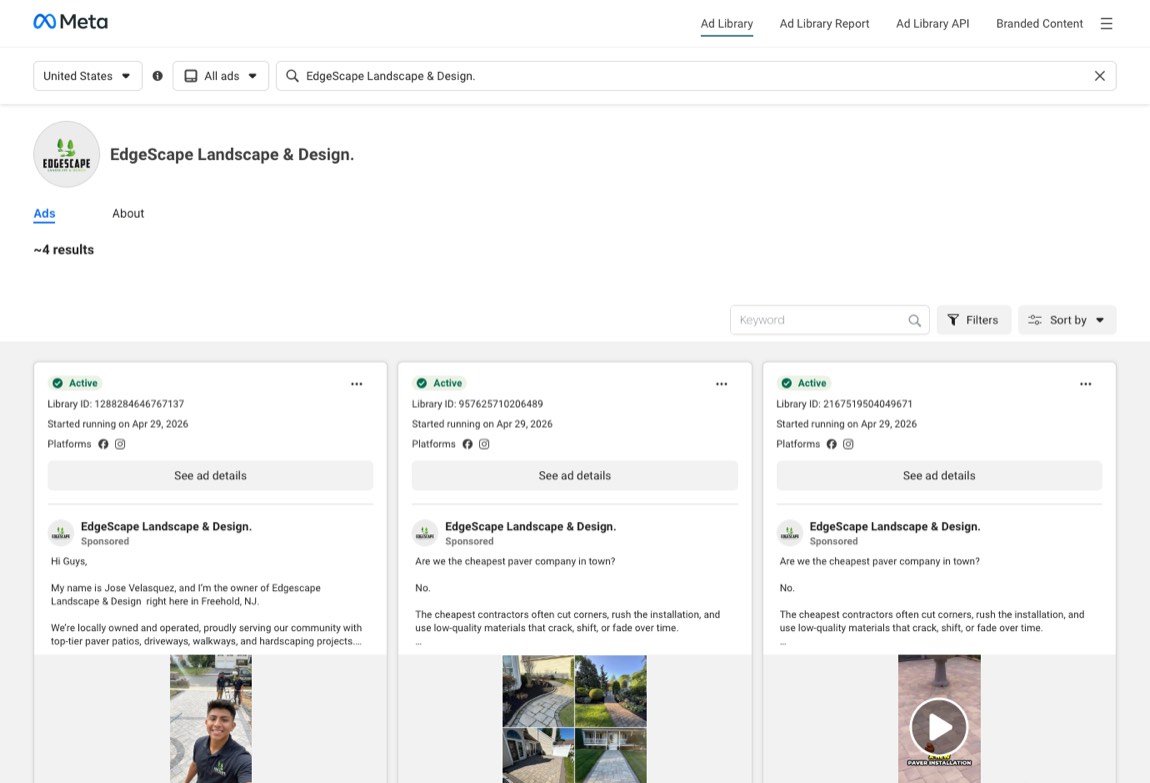 Meta Ad Library, EdgeScape page, United States, August 13, 2026. Also 